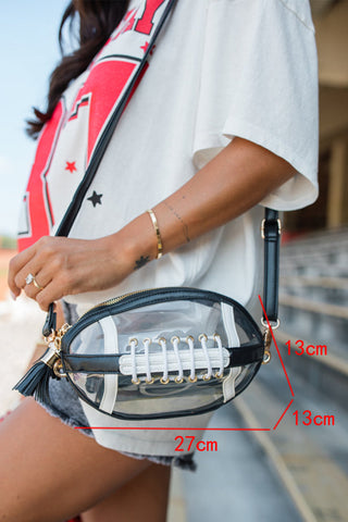 Black Rugby Football Contrast Trim Fringe PVC Clear Shoulder Bag, Dear-Lover Dropshipping - A Blissfully Beautiful Boutique