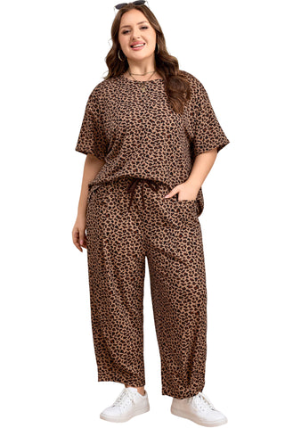 Brown Plus Size Leopard Loose Top Pleated Pants Set, Dear-Lover Dropshipping - A Blissfully Beautiful Boutique