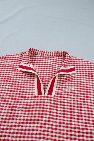 Red Plaid Short Sleeve Colorblock Trim Split Neck Blouse, Dear-Lover Dropshipping - A Blissfully Beautiful Boutique