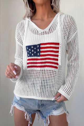 White Hollow Out Crochet Knit American Flag Patched Sweater Hoodie, Dear-Lover Dropshipping - A Blissfully Beautiful Boutique