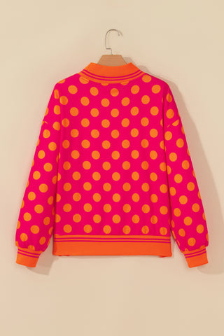 Rose Polka Dot Striped Trim Mock Neck Sweatshirt