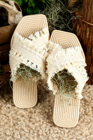 Beige Tassel Woven Crossed Straps Flat Slippers