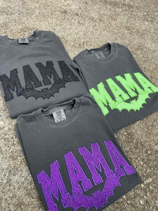 Custom Mama with bat Glitter Applique Embroidered Comfort Color Short Sleeve Shirt, Merch Girls - A Blissfully Beautiful Boutique