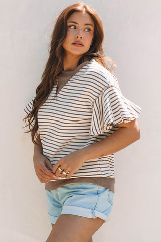 Parchment Contrast Detail Striped Ruffle Short Sleeve Top, A Blissfully Beautiful Boutique - A Blissfully Beautiful Boutique