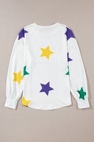 White Mardi Gras Star Printed Long Sleeve Top, Dear-Lover Dropshipping - A Blissfully Beautiful Boutique