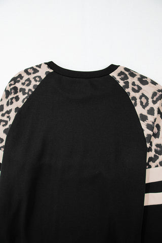 Black Leopard Print Colorblock Raglan Sleeve Sweatshirt