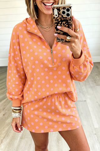 Orange Polka Dot Hooded Long Sleeve Top Casual Mini Skort Set