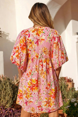 Pink Striped Floral Print Tie Neck Puff Sleeve Loose Mini Dress, Dear-Lover Dropshipping - A Blissfully Beautiful Boutique