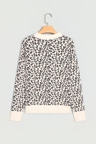 Beige Leopard Print Ribbed Color Block Trim Pullover Sweater