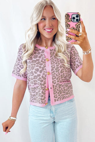 Pink Leopard Button Down Short Sleeve Sweater Cardigan, Dear-Lover Dropshipping - A Blissfully Beautiful Boutique