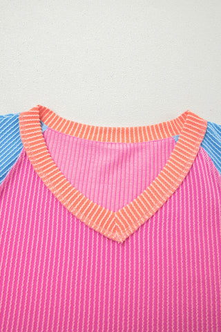 Rose Red Color Block Twisted Ribbed Tee, Dear-Lover Dropshipping - A Blissfully Beautiful Boutique