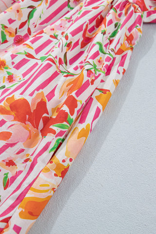 Pink Striped Floral Print Tie Neck Puff Sleeve Loose Mini Dress, Dear-Lover Dropshipping - A Blissfully Beautiful Boutique