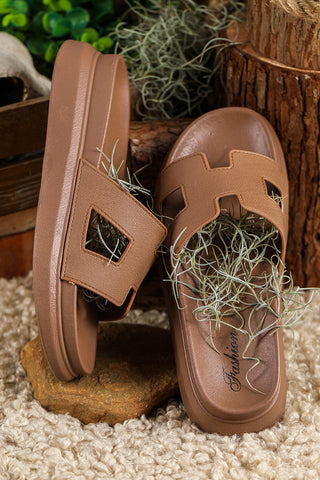 Chestnut Cutout Design Open Toe Platform Slippers (Run Small, Size Up), Dear-Lover Dropshipping - A Blissfully Beautiful Boutique