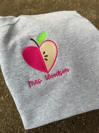 Embroidered Left Chest Custom Name with Heart Apple | Teacher Gift | QUICK SHIP, Merch Girls - A Blissfully Beautiful Boutique