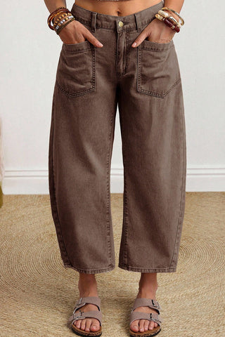 Coffee Solid Color Square Patch Pocket Ankle-length Barrel Jeans, Dear-Lover Dropshipping - A Blissfully Beautiful Boutique
