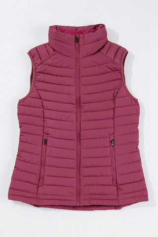 Burgundy Plush Collared Quilted Zipped Puffer Vest