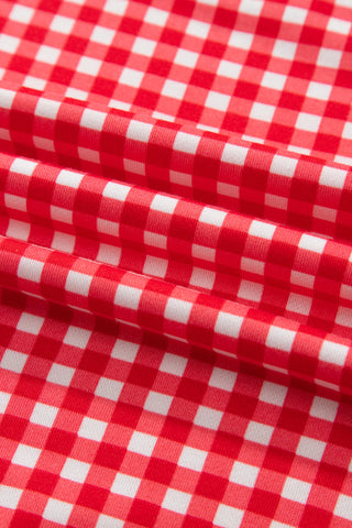 Red Gingham Oversized Ribbed Trim Crew Neck Long Sleeve Top and Skort Set