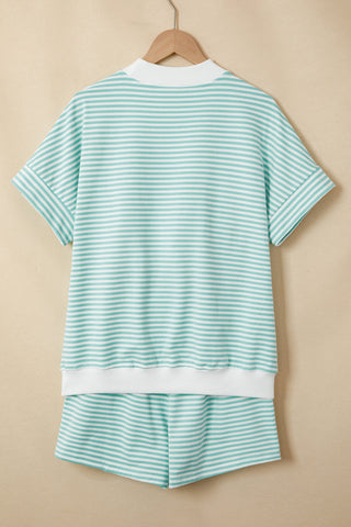 Green Stripe Cuffed Sleeve Contrast Mock Neck Tee Casual 2pcs Short Set, Dear-Lover Dropshipping - A Blissfully Beautiful Boutique