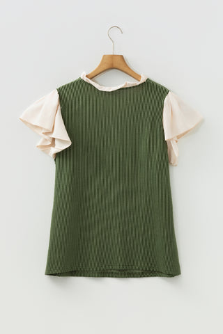 Vineyard Green Plus Size Contrast Frilled Neckline Ruffled Short Sleeve Ribbed Textured Blouse, Dear-Lover Dropshipping - A Blissfully Beautiful Boutique