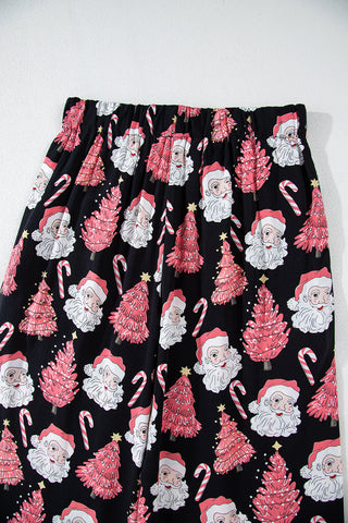 Black Christmas Santa Printed Two Piece Pajamas Set