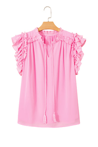 Bonbon Plus Size Textured Tassel Tie V Neck Ruffle Short Sleeve Blouse, Dear-Lover Dropshipping - A Blissfully Beautiful Boutique