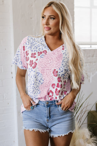 Pink Mixed Leopard Print V Neck Short Sleeve Blouse, A Blissfully Beautiful Boutique - A Blissfully Beautiful Boutique
