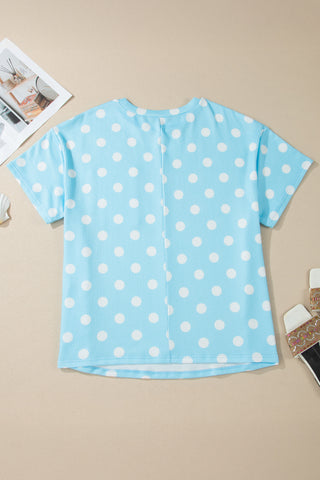 Sky Blue Twisted Rib Polka Dot Print Plus Size T Shirt, Dear-Lover Dropshipping - A Blissfully Beautiful Boutique