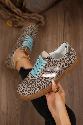 Coffee Faux Suede Leopard Print Sleek PU Leather Detail Lace Up Sneakers, Dear-Lover Dropshipping - A Blissfully Beautiful Boutique