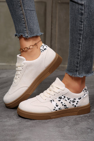 White Suede Leopard Color Block Trim Lace-up Casual Shoes, Dear-Lover Dropshipping - A Blissfully Beautiful Boutique