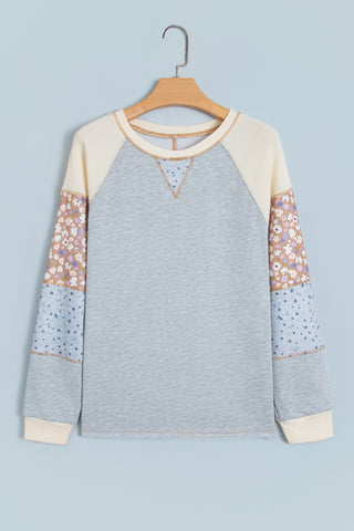 Light Grey Color Block Floral Waffle Mixed Patchwork Long Sleeve Top