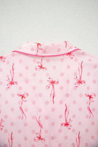 Pink Bow Print Contrast Pipping Short Pajamas Set, A Blissfully Beautiful Boutique - A Blissfully Beautiful Boutique