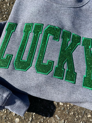 Lucky Varsity Glitter Applique Embroidered Sweatshirt, Merch Girls - A Blissfully Beautiful Boutique