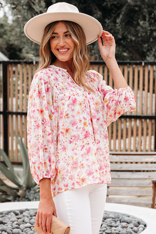Pink Floral Print Tassel Tie Smocked V Neck Puff Sleeve Tunic Blouse