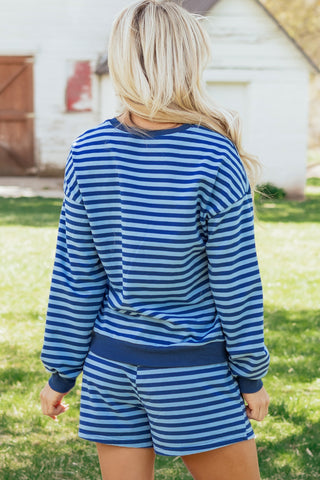Blue Stripe Drop Shoulder Long Sleeve Pullover Elastic Waist Casual Short Set, Dear-Lover Dropshipping - A Blissfully Beautiful Boutique