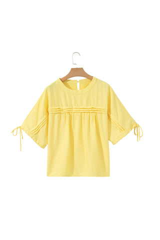 Yellow Cream Tie Half Sleeve Pleated Detail Babydoll Blouse