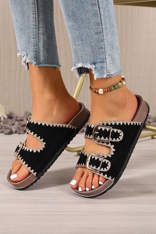 Black Embroidered Trim Retro Buckle Faux Suede Slippers, Dear-Lover Dropshipping - A Blissfully Beautiful Boutique