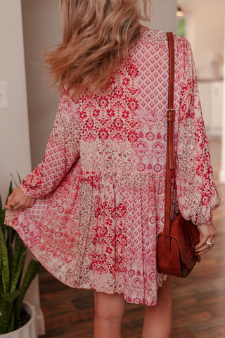 Pink Bohemian Floral Print Tassel Tie Long Sleeve Flowy Mini Dress, Dear-Lover Dropshipping - A Blissfully Beautiful Boutique