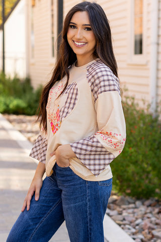 Beige Plaid Floral Peace Heart Graphic Wide Long Sleeve Top