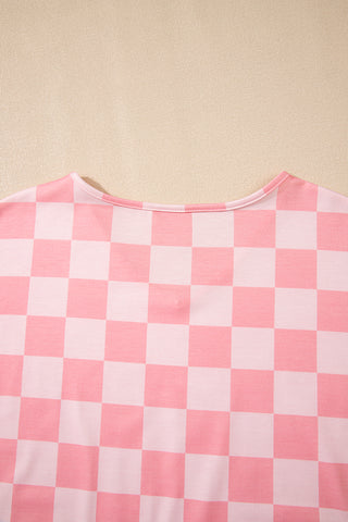 Pink Checkered V Neck Tee Drawstring Shorts Lounge Set