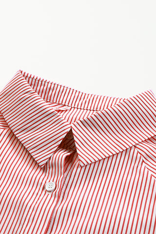 Red Stripe Smocked Cuffed Striped Boyfriend Shirt with Pocket