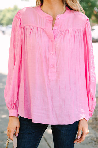 Pirouette Button Split Neck Pleated Puff Sleeve Blouse