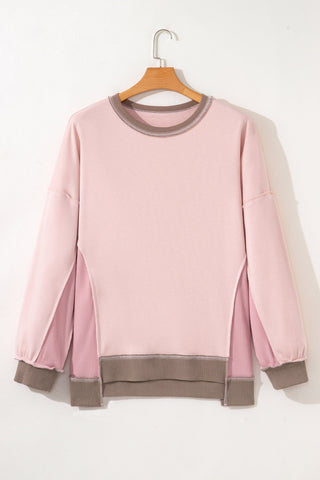 Light Pink Plus Color Block Waffle Patchwork Exposed Seam Baggy Sweatshirt, Dear-Lover Dropshipping - A Blissfully Beautiful Boutique