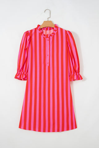 Red Stripe Half Button Puff Sleeve Loose Mini Dress