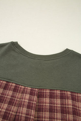 Moss Green Vintage Plaid Patchwork Drop Shoulder Sweatshirt, Dear-Lover Dropshipping - A Blissfully Beautiful Boutique