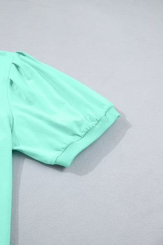 Mint Green Solid Color V Neck Short Puff Sleeve Blouse