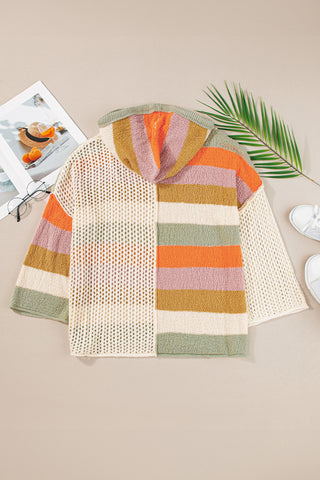 Beige Oversized Colorblock V Neck Hooded Sweater, A Blissfully Beautiful Boutique - A Blissfully Beautiful Boutique