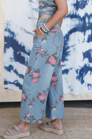 Sky Blue Garden Floral Print Bootcut Jeans, Dear-Lover Dropshipping - A Blissfully Beautiful Boutique