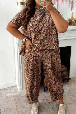 Brown Plus Size Leopard Loose Top Pleated Pants Set, Dear-Lover Dropshipping - A Blissfully Beautiful Boutique