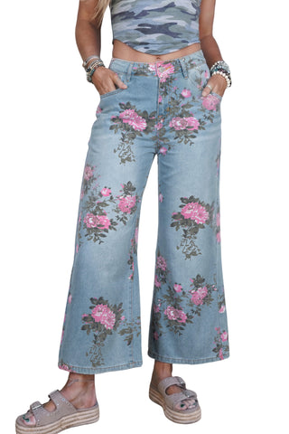 Sky Blue Garden Floral Print Bootcut Jeans, Dear-Lover Dropshipping - A Blissfully Beautiful Boutique