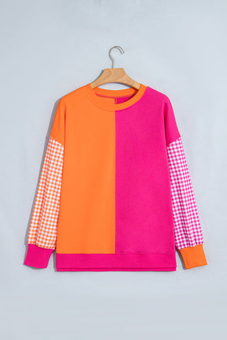 Rose Red Colorblock Gingham Sleeve Crewneck Sweatshirt